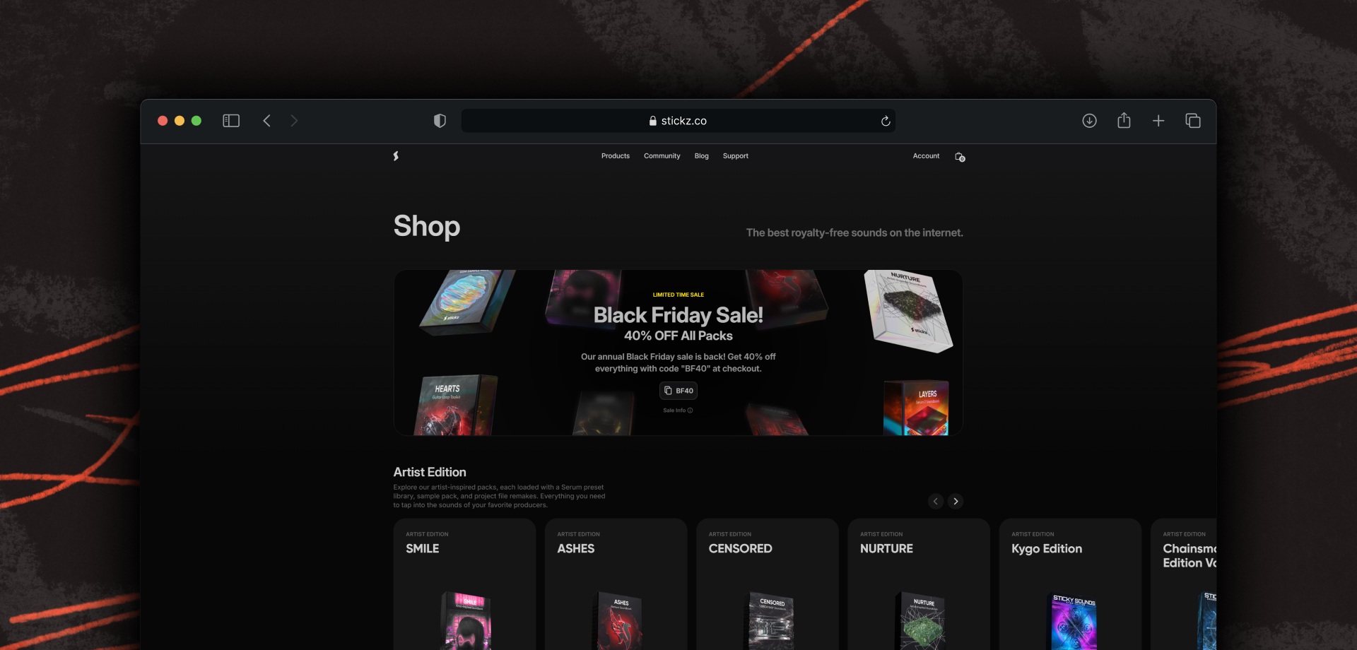 Screenshot of the Stickz Shop page