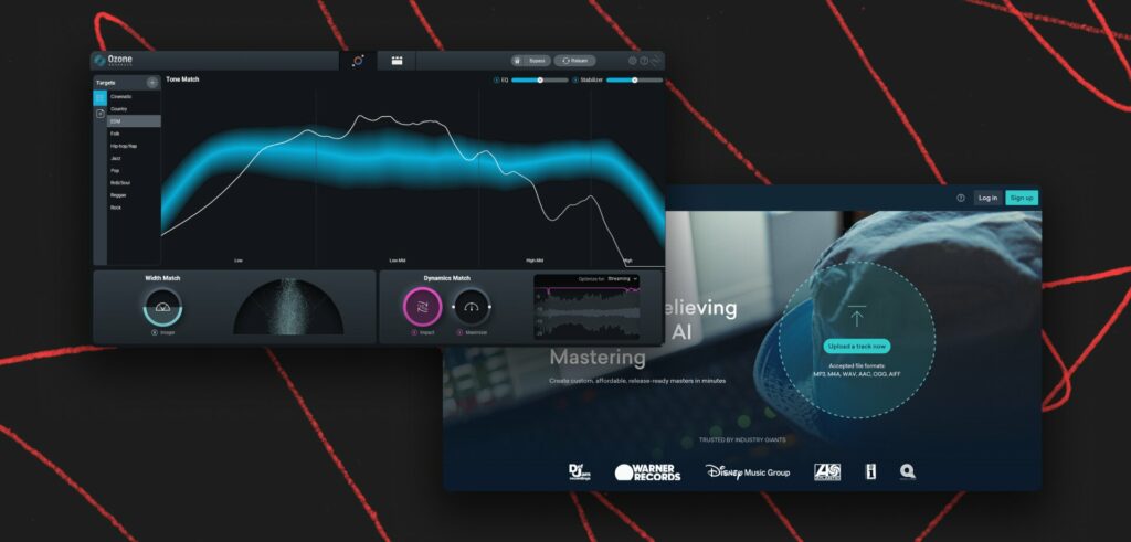 Image of iZotope's Ozone 10 and LANDR's mastering service, both being AI mix and master tools.