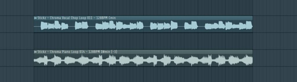 Image of a vocal chop loop and piano loop from the Stickz - CHROMA EDM Sample Pack.