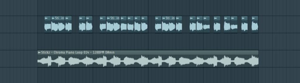 Image of a chopped-up vocal chop loop and piano loop from the Stickz - CHROMA EDM Sample Pack to demonstrate how to write melodies using other loops.