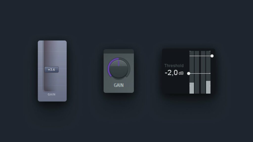 Image of the gain input in FabFilter's Pro-L2, FL Studio's Fruity Limiter, and iZotope's Ozone 9 mastering limiter.