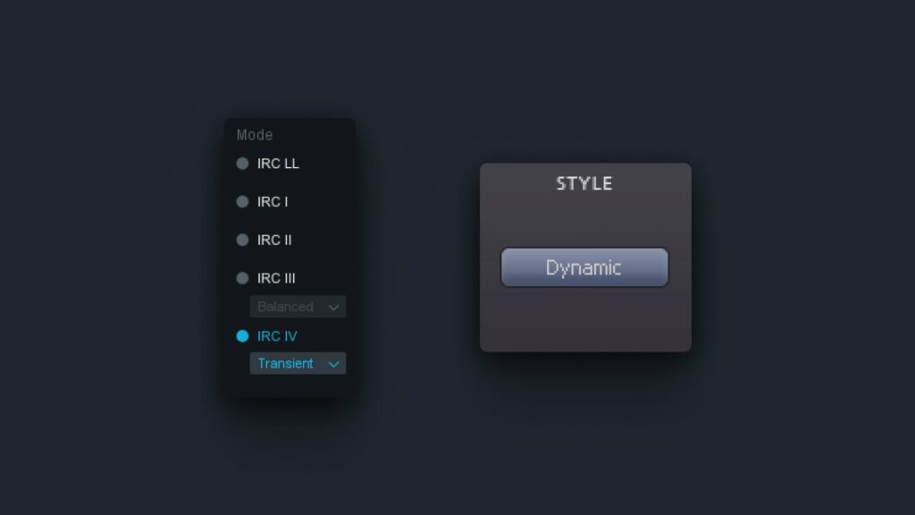 Image of the mode and stye setting in FabFilter's Pro-L2 and iZotope's Ozone 9 mastering limiter.