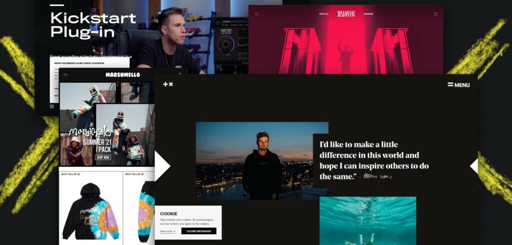 Screenshots of various artist websites (Nicky Romero, Madeon, Marshmello, and Martin Garrix).