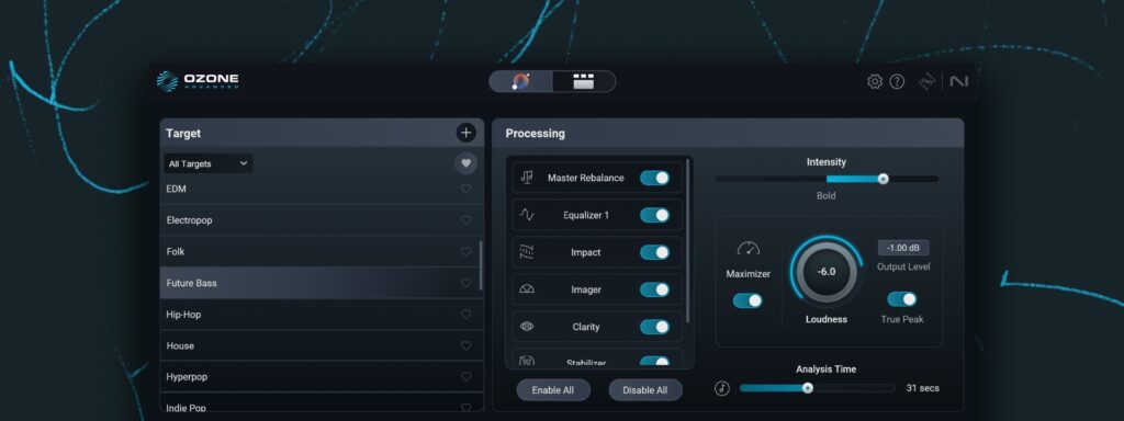 Screenshot of iZotope Ozone 12's AI Assistant Mastering module