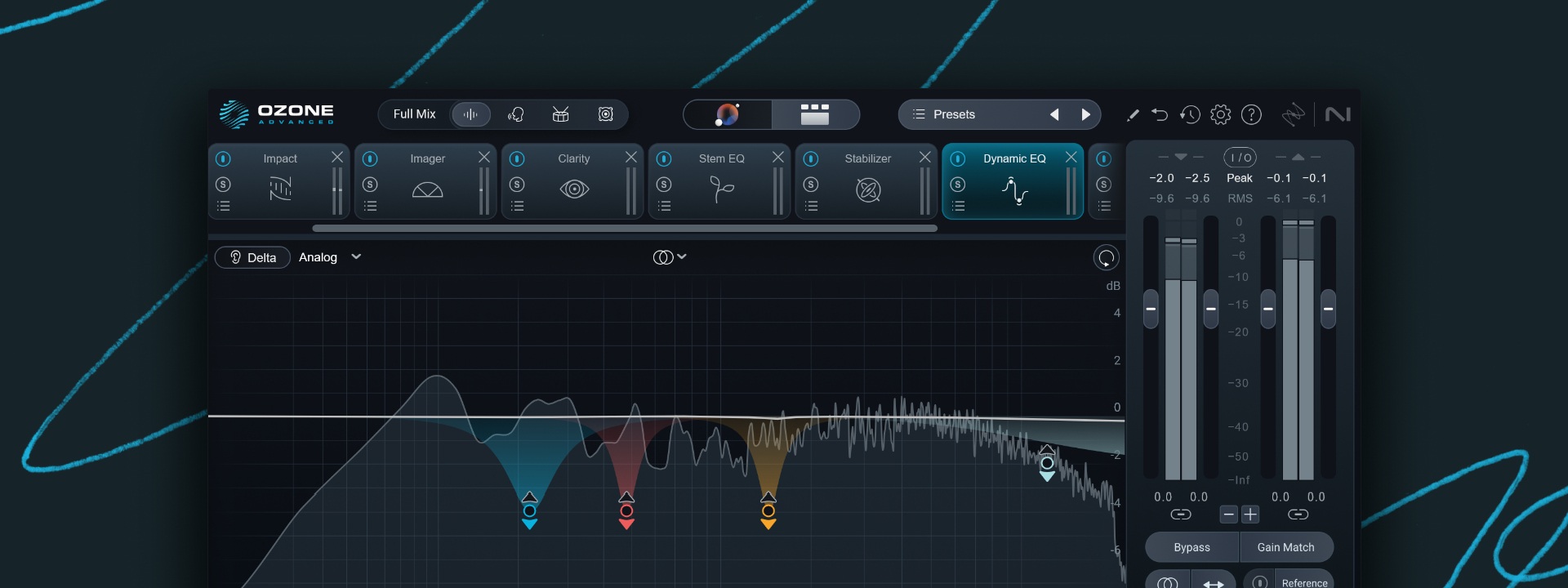 Screenshot of iZotope's Ozone 12 with the Dynamic EQ module open