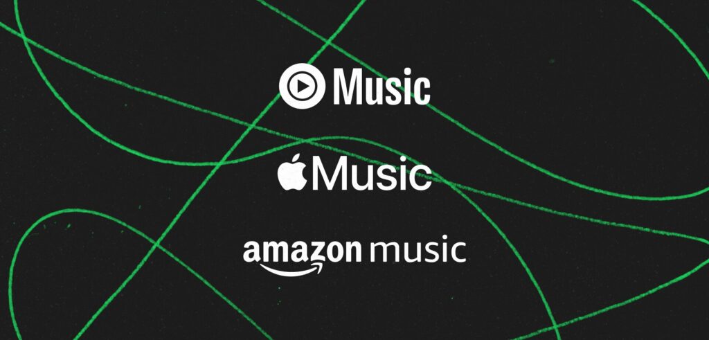 Image of the YouTube Music, Apple Music, and Amazon Music logos.