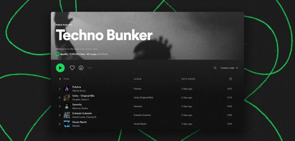 Screenshot of the "Techno Bunker" Spotify playlists.