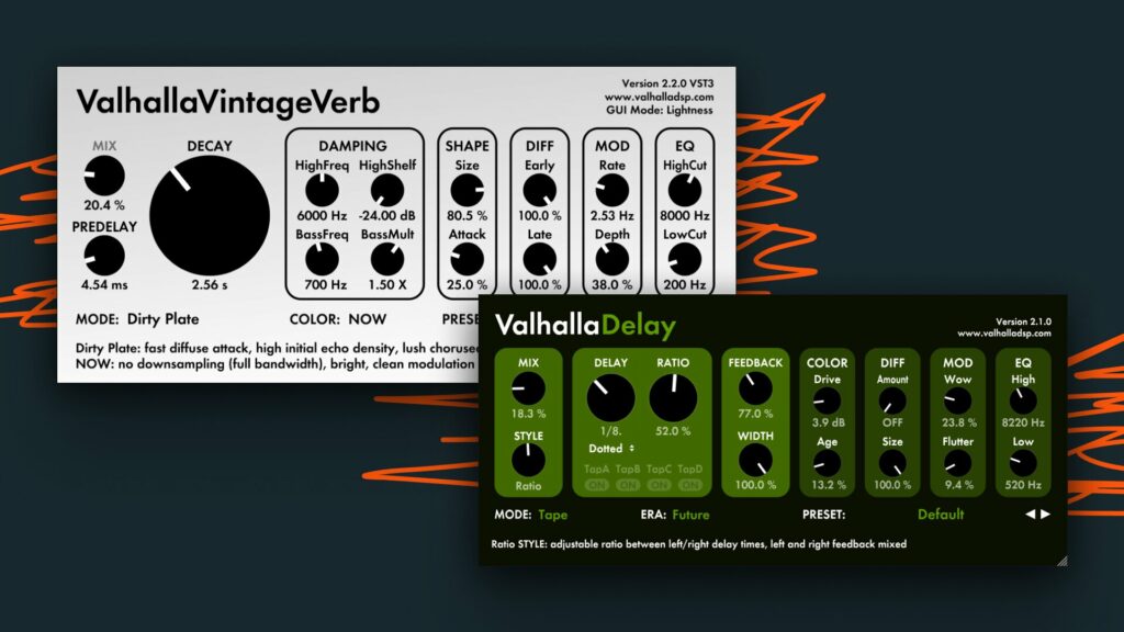 Image of the ValhallaVintageVerb and ValhallaDelay effect plugins.