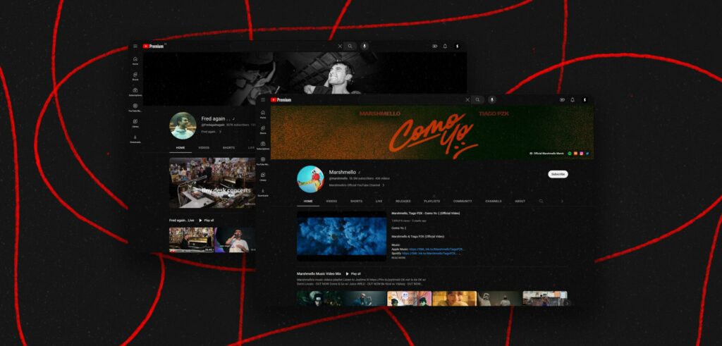 A screenshot of two well-optimized YouTube Channels (Artists: Fred again & Marshemllo)