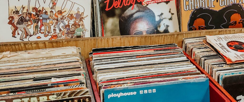 Image of many vinyl records on a shelf.